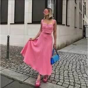 Zara Pink Textured A Line Maxi Skirt Side Zip NWT Size L Cotton Blend